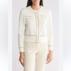 Adrianna Papell Ivory Gold Metallic Knit Cropped Cardigan Sweater Large Coquette